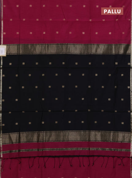 Semi maheswari cotton saree magenta pink and black with zari woven buttas and small zari woven border