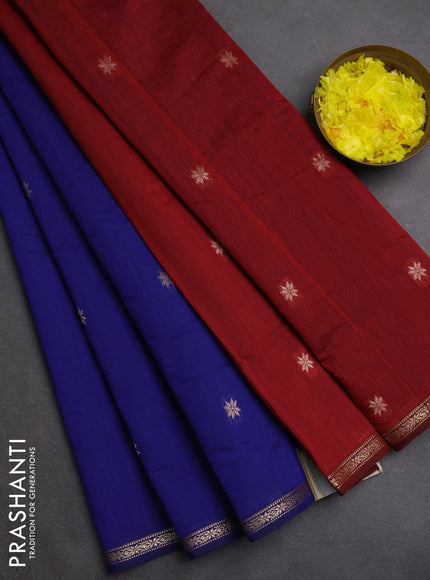 Semi maheswari cotton saree blue and maroon with zari woven buttas and small zari woven border