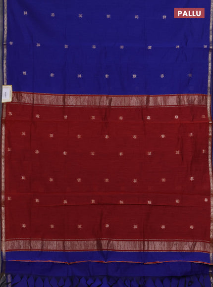 Semi maheswari cotton saree blue and maroon with zari woven buttas and small zari woven border