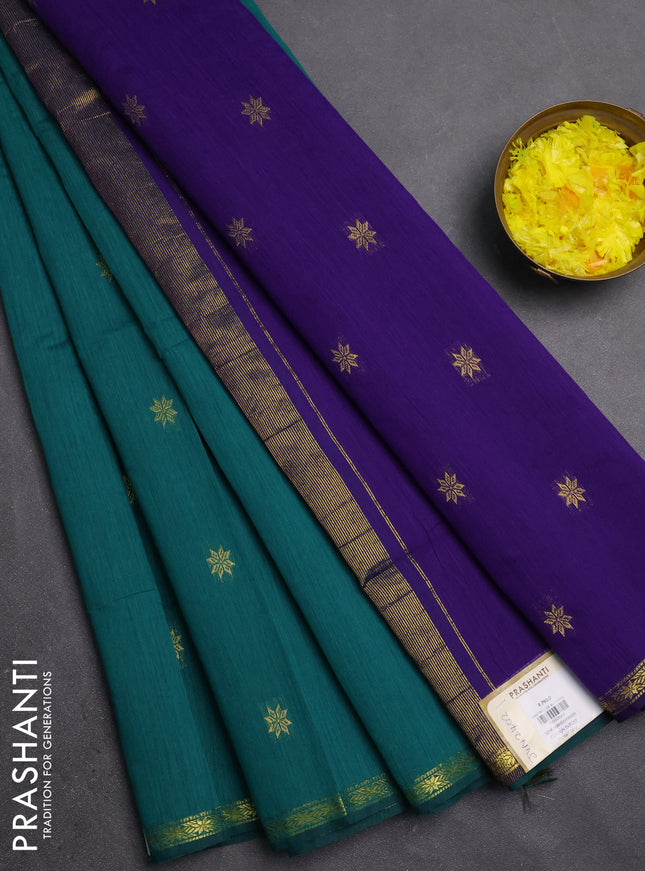 Semi maheswari cotton saree green and violet with zari woven buttas and small zari woven border