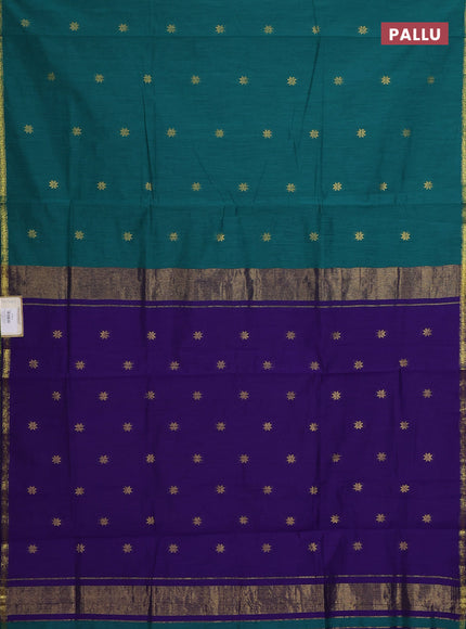 Semi maheswari cotton saree green and violet with zari woven buttas and small zari woven border