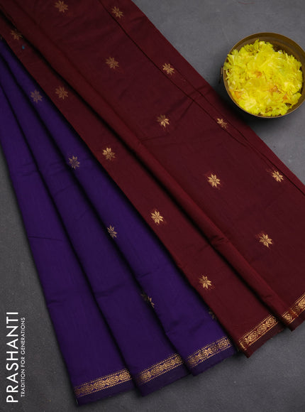 Semi maheswari cotton saree violet and maroon with zari woven buttas and small zari woven border