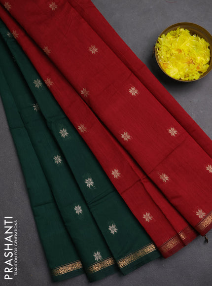 Semi maheswari cotton saree green and maroon with zari woven buttas and small zari woven border