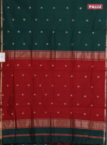 Semi maheswari cotton saree green and maroon with zari woven buttas and small zari woven border
