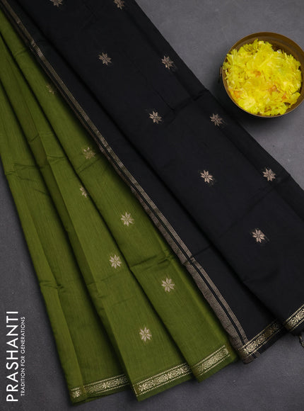 Semi maheswari cotton saree mehendi green and black with zari woven buttas and small zari woven border