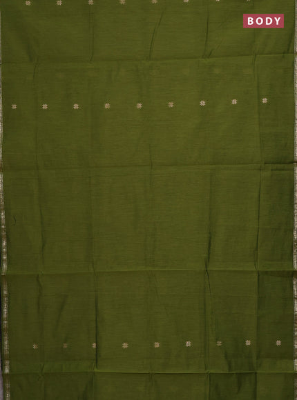 Semi maheswari cotton saree mehendi green and black with zari woven buttas and small zari woven border