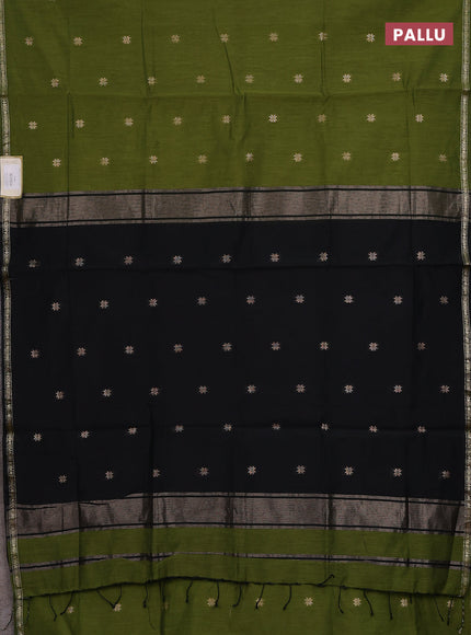Semi maheswari cotton saree mehendi green and black with zari woven buttas and small zari woven border