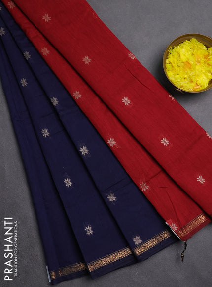 Semi maheswari cotton saree navy blue and maroon with zari woven buttas and small zari woven border