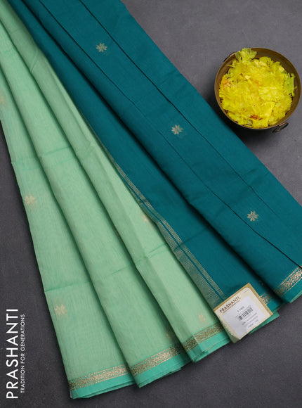 Semi maheswari cotton saree pista green and teal green with zari woven buttas and small zari woven border