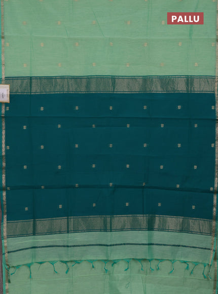 Semi maheswari cotton saree pista green and teal green with zari woven buttas and small zari woven border