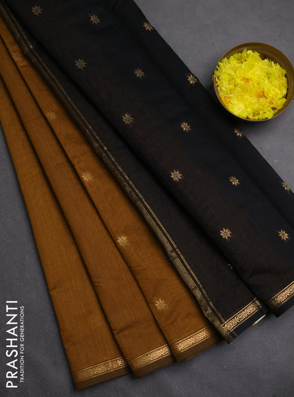 Semi maheswari cotton saree dark mustard and black with zari woven buttas and small zari woven border