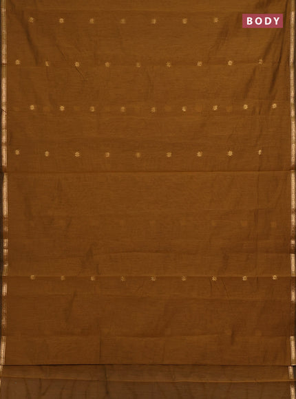 Semi maheswari cotton saree dark mustard and black with zari woven buttas and small zari woven border