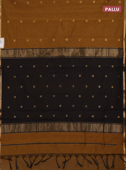 Semi maheswari cotton saree dark mustard and black with zari woven buttas and small zari woven border