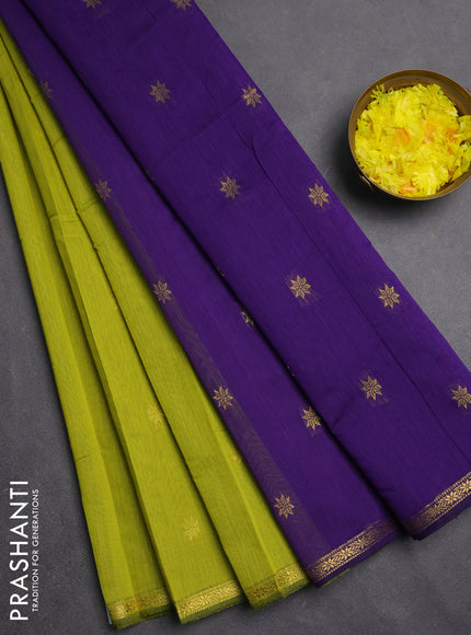 Semi maheswari cotton saree lime green and violet with zari woven buttas and small zari woven border