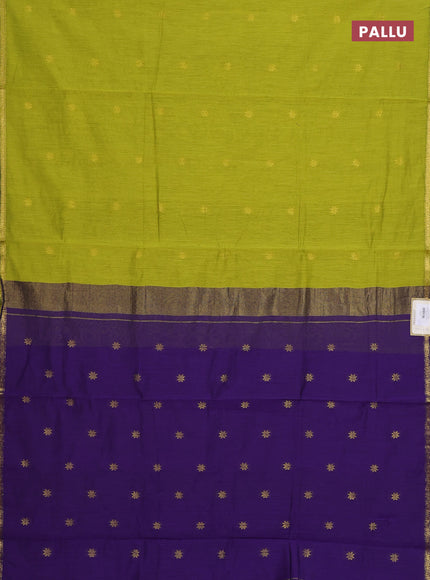 Semi maheswari cotton saree lime green and violet with zari woven buttas and small zari woven border