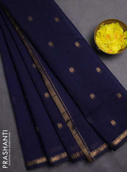 Semi maheswari cotton saree navy blue with zari woven buttas and small zari woven border