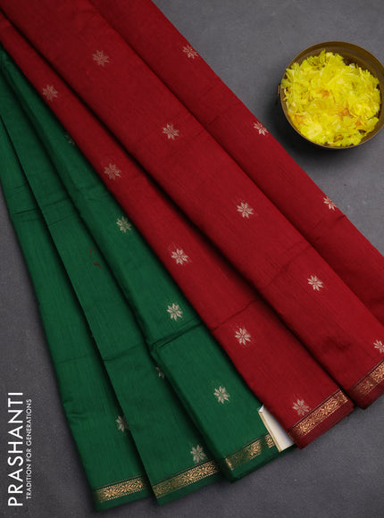 Semi maheswari cotton saree green and maroon with zari woven buttas and small zari woven border