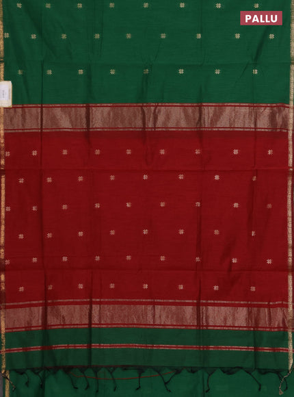Semi maheswari cotton saree green and maroon with zari woven buttas and small zari woven border
