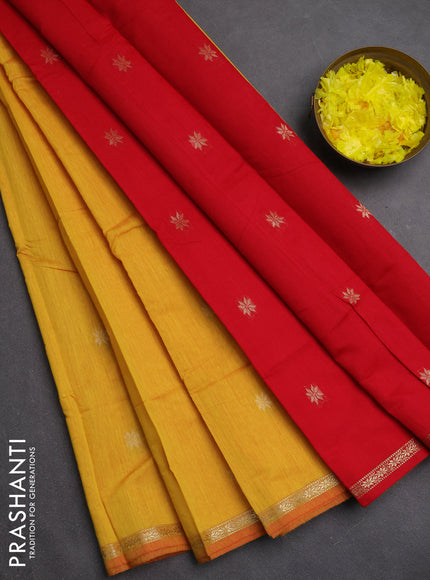 Semi maheswari cotton saree yellow and red with zari woven buttas and small zari woven border