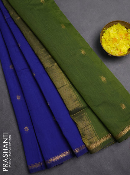 Semi maheswari cotton saree blue and mehendi green with zari woven buttas and small zari woven border