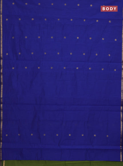 Semi maheswari cotton saree blue and mehendi green with zari woven buttas and small zari woven border