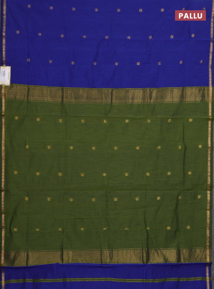 Semi maheswari cotton saree blue and mehendi green with zari woven buttas and small zari woven border