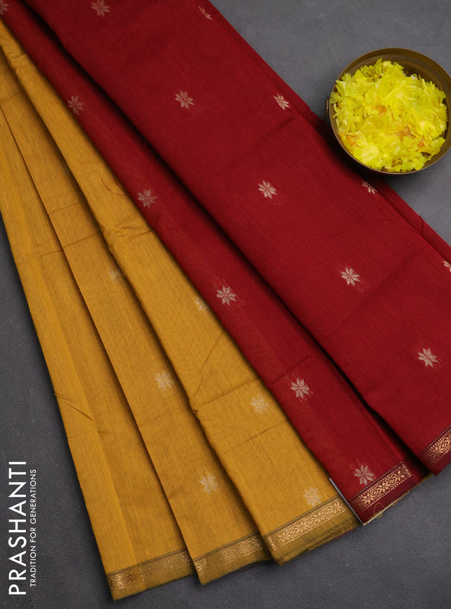 Semi maheswari cotton saree mustard yellow and maroon with zari woven buttas and small zari woven border