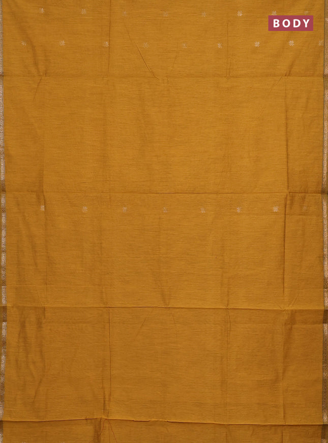 Semi maheswari cotton saree mustard yellow and maroon with zari woven buttas and small zari woven border