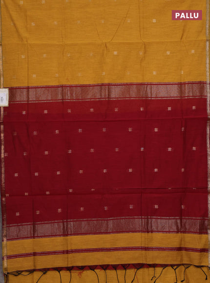 Semi maheswari cotton saree mustard yellow and maroon with zari woven buttas and small zari woven border