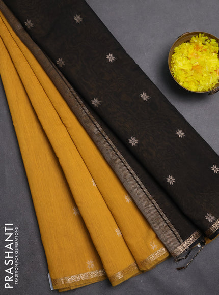 Semi maheswari cotton saree mustard yellow and black with zari woven buttas and small zari woven border