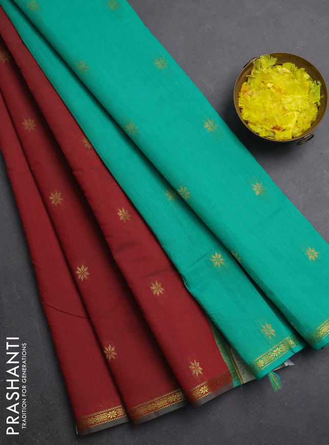 Semi maheswari cotton saree maroon and teal green with zari woven buttas and small zari woven border