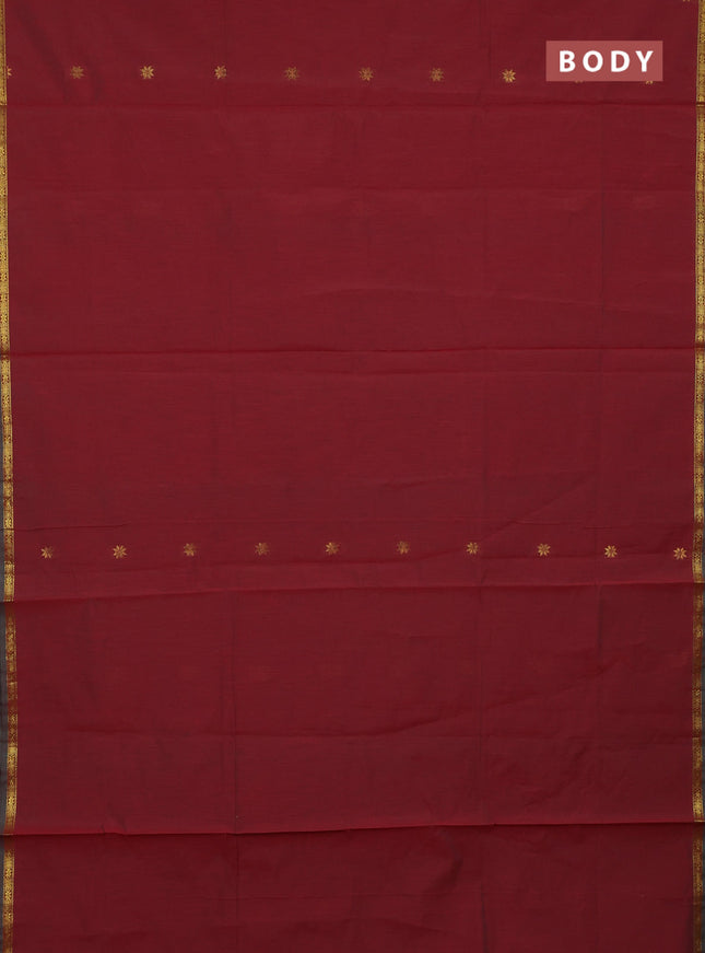 Semi maheswari cotton saree maroon and teal green with zari woven buttas and small zari woven border