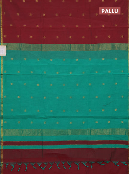 Semi maheswari cotton saree maroon and teal green with zari woven buttas and small zari woven border