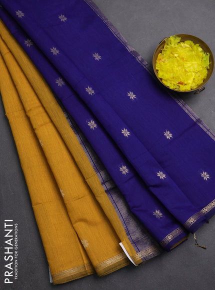 Semi maheswari cotton saree mustard yellow and navy blue with zari woven buttas and small zari woven border