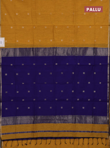 Semi maheswari cotton saree mustard yellow and navy blue with zari woven buttas and small zari woven border