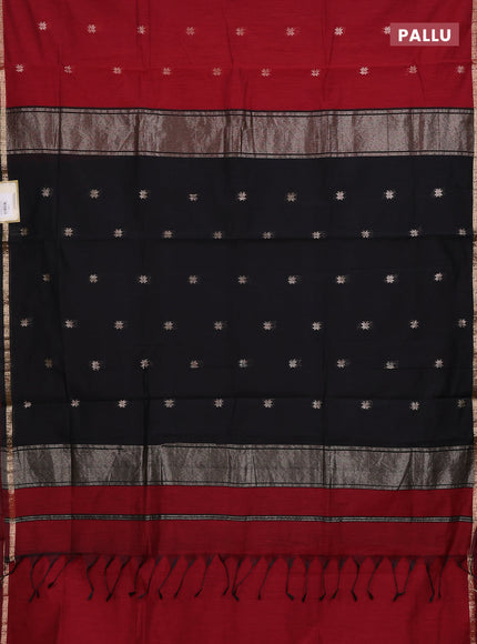 Semi maheswari cotton saree maroon and black with zari woven buttas and small zari woven border