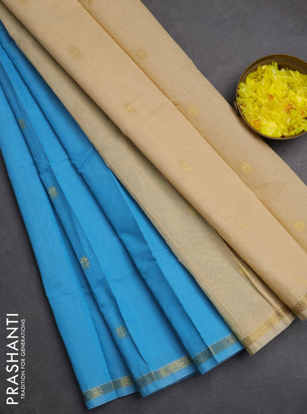Semi maheswari cotton saree blue and sandal with zari woven buttas and small zari woven border