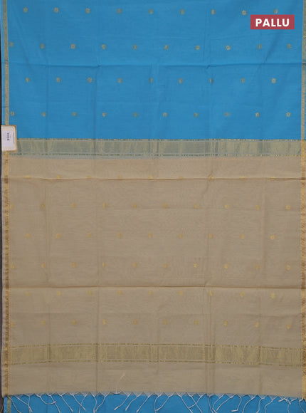 Semi maheswari cotton saree blue and sandal with zari woven buttas and small zari woven border