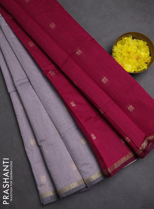 Semi maheswari cotton saree grey shade and magenta pink with zari woven buttas and small zari woven border