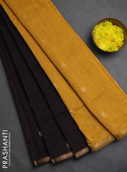 Semi maheswari cotton saree dark coffee brown and mustard yellow with zari woven buttas and small zari woven border