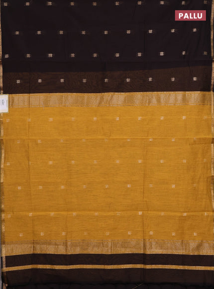 Semi maheswari cotton saree dark coffee brown and mustard yellow with zari woven buttas and small zari woven border
