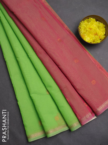 Semi maheswari cotton saree light green and pink shade with zari woven buttas and small zari woven border