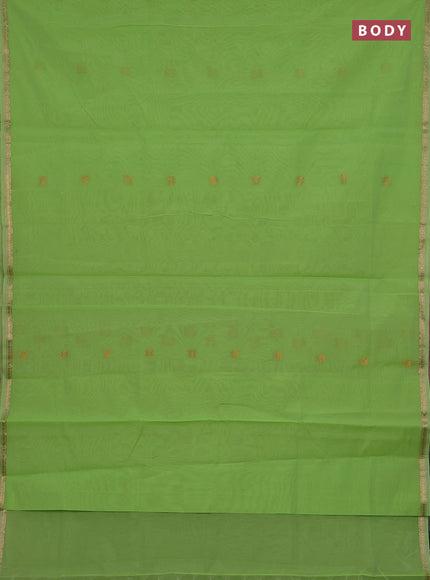 Semi maheswari cotton saree light green and pink shade with zari woven buttas and small zari woven border