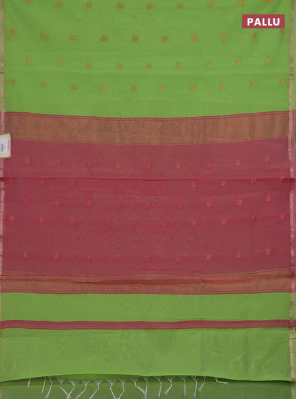 Semi maheswari cotton saree light green and pink shade with zari woven buttas and small zari woven border