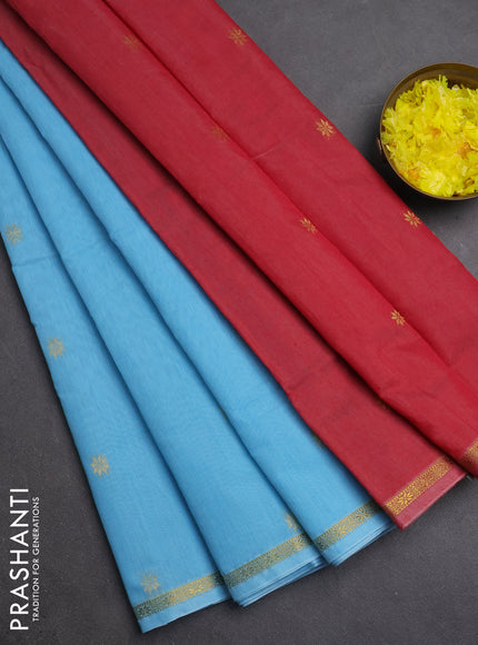 Semi maheswari cotton saree light blue and maroon shade with zari woven buttas and small zari woven border