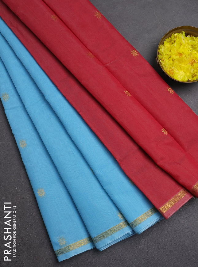 Semi maheswari cotton saree light blue and maroon shade with zari woven buttas and small zari woven border