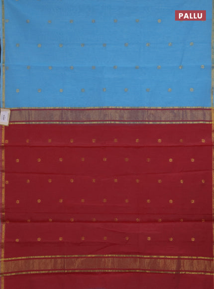 Semi maheswari cotton saree light blue and maroon shade with zari woven buttas and small zari woven border