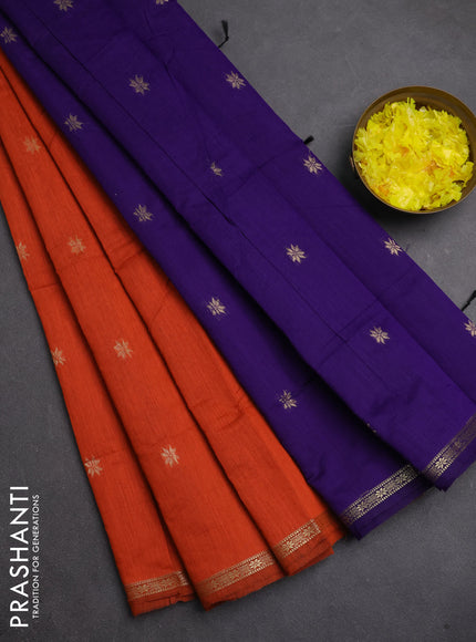 Semi maheswari cotton saree orange and violet with zari woven buttas and small zari woven border