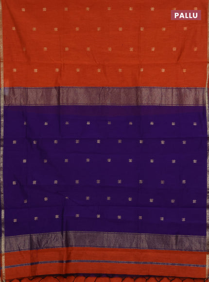 Semi maheswari cotton saree orange and violet with zari woven buttas and small zari woven border