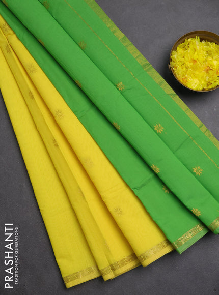 Semi maheswari cotton saree yellow and light green with zari woven buttas and small zari woven border